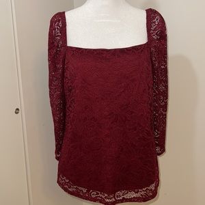 Red Lace Square Neckline Top Size Large